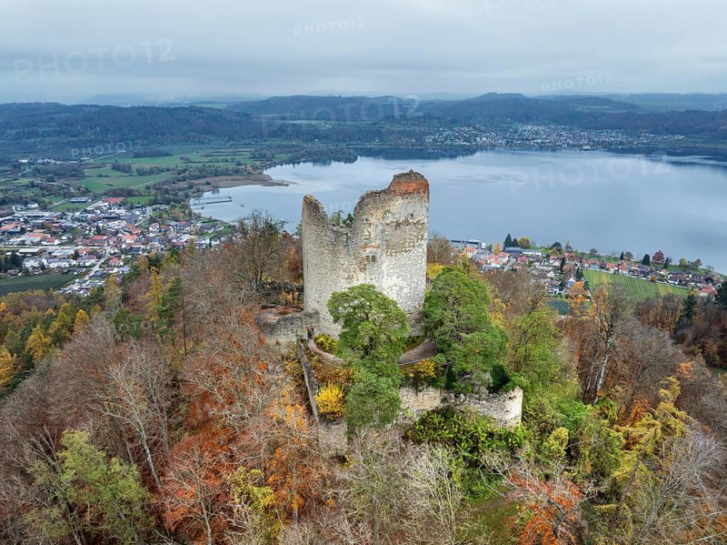 Aerial view of the ruins of Altbodman on the Bodanrück, above the village of Bodman in autumn vegetation, Lake Constance, Bodman-Ludwigshafen, district of Constance, Baden-Württemberg, Germany, Europe