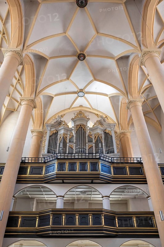 Organ loft, organ built in 1751 by the organ builder Johann Philipp Seuffert, St Vitus Church, 16th century, Iphofen, Lower Franconia, Bavaria, Germany, Europe