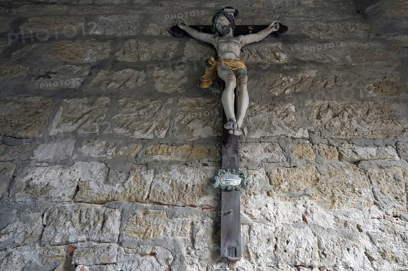 Christ's cross in the archway of the Mittagsturm, 13th century, Iphofen, Lower Franconia, Bavaria, Germany, Europe
