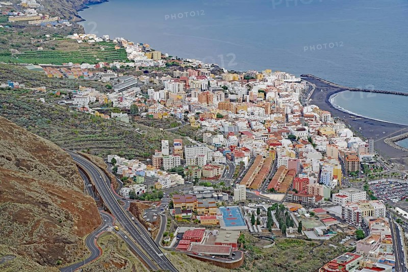 Coastal town with colourful houses situated between mountains and sea, Santa Cruz de la palma, no light pollution, La Palma, Canary Islands, Spain, Europe