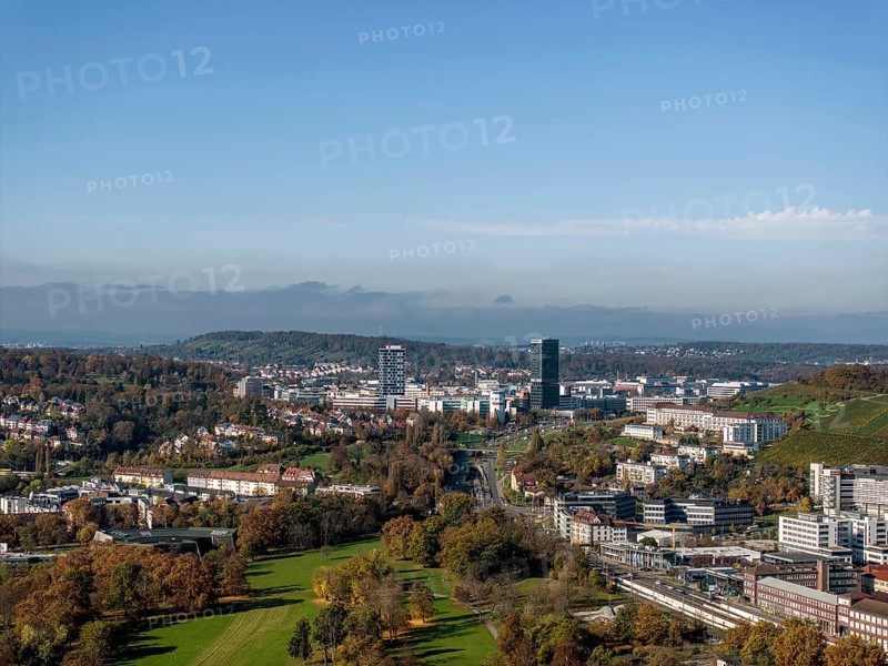 Pragsattel with skyline skyscraper and Porsche Design Tower. City view of Stuttgart from the air. Stuttgart police headquarters on the right. Baden-Württemberg, Germany, Europe