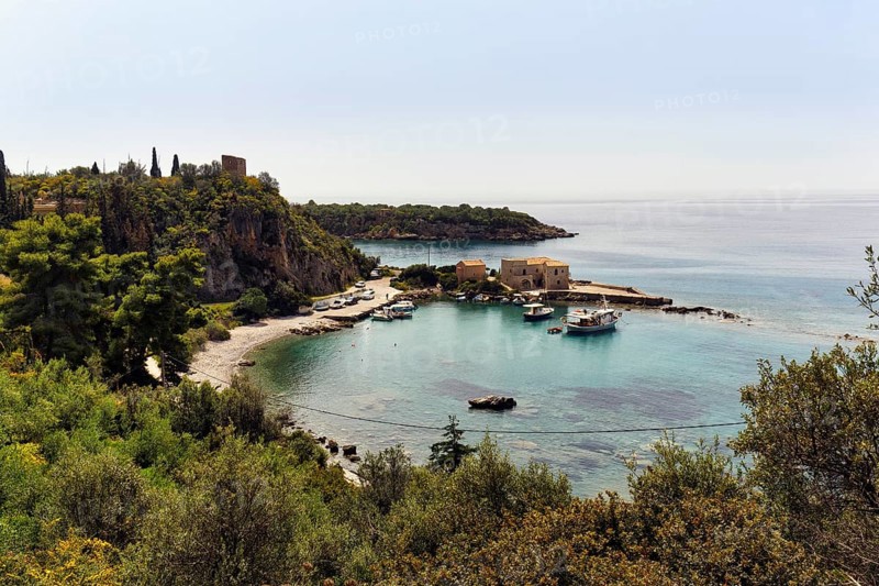 Coastline near Stoupa, former fishing village, Mani, haze, Messinian Gulf, Ionian Sea, Greece, Europe