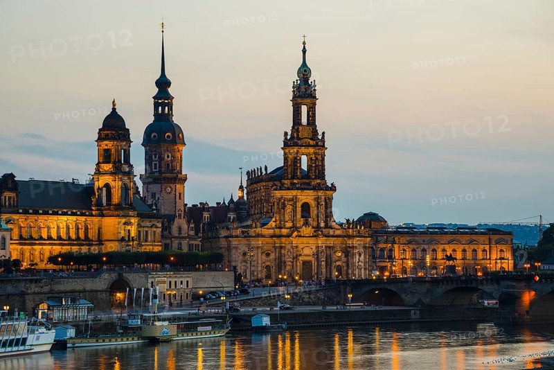 Panorama over the Elbe, from left to right: Academy of Fine Arts, Bruehl's Terrace, Sekundogenitur, Hausmannsturm of the castle, Staendehaus and court cathedral, Dresden, Free State of Saxony, Germany, Europe