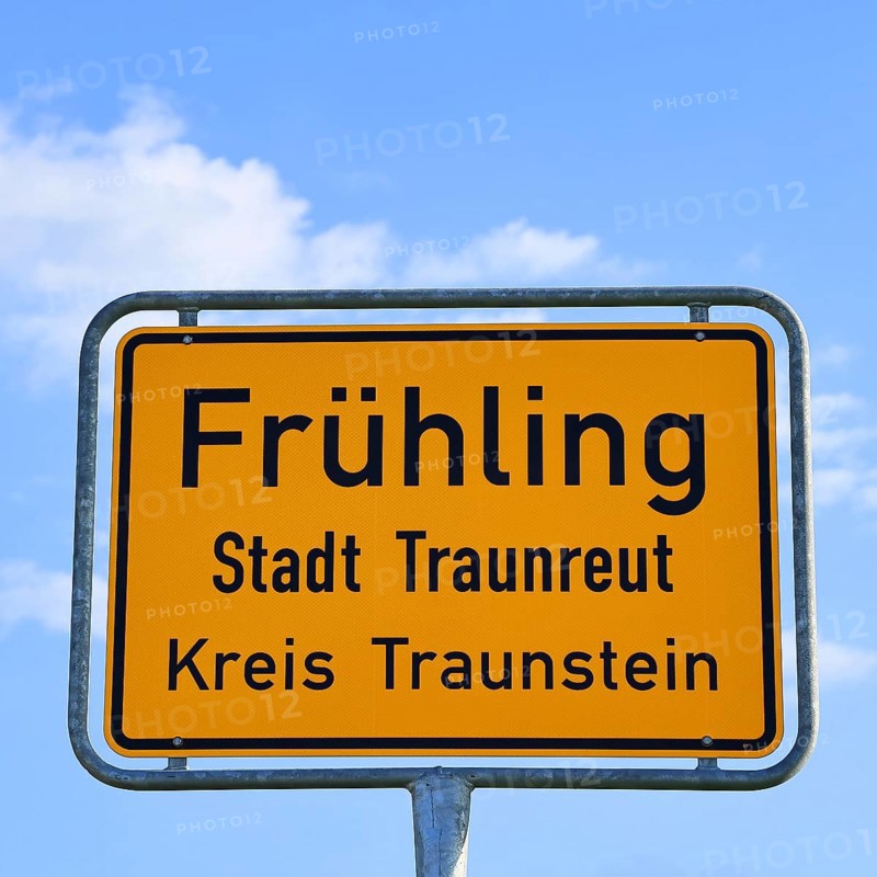 Place name sign of the village Frühling, curious place names, district of Traunreut Kreis Traunstein, Bavaria, Germany, Europe