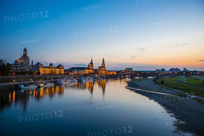 Panorama over the Elbe, from left to right: Academy of Fine Arts, Bruehl's Terrace, Sekundogenitur, Hausmannsturm of the castle, Staendehaus, Court Cathedral, Semper Opera House and Augustus Bridge, Dresden, Free State of Saxony, Germany, Europe