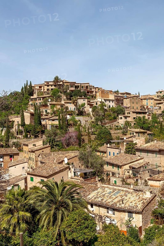 View of the artists' village of Deia, Majorca, Balearic Islands, Spain, Europe