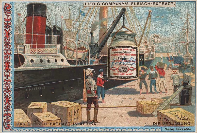 Series Export of Liebig meat extract to Africa, The loading, Liebig picture, digitally restored reproduction of a collector's picture from ca 1900, public domain, exact date unknown, harbour with ship and workers loading crates