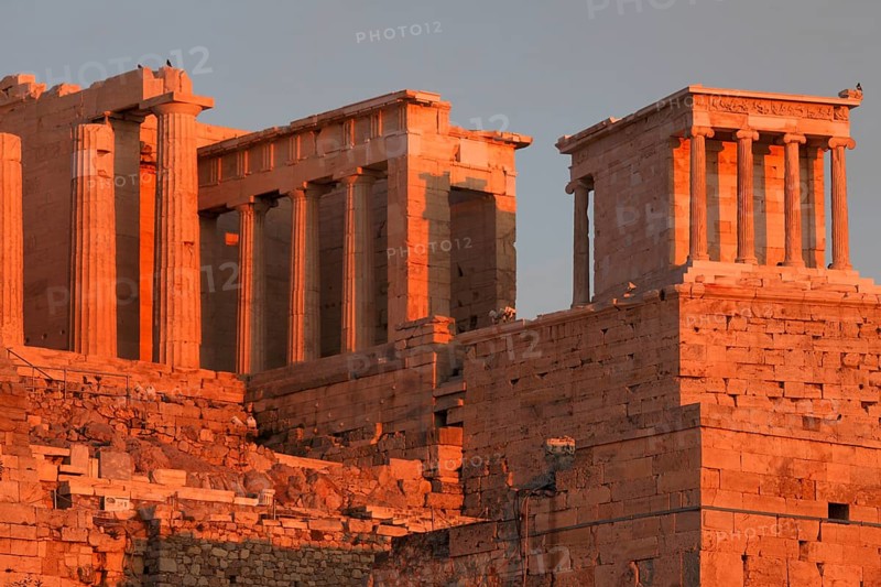 Propylaea at sunset, Acropolis, Athens, Greece, Europe