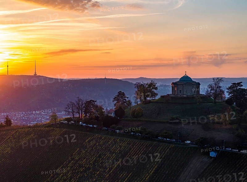 Sunset at the burial chapel on the Württenberg, aerial view. The mausoleum was built between 1820 and 1824 to a design by the court architect Giovanni Salucci. Stuttgart, Baden-Württemberg, Germany, Europe