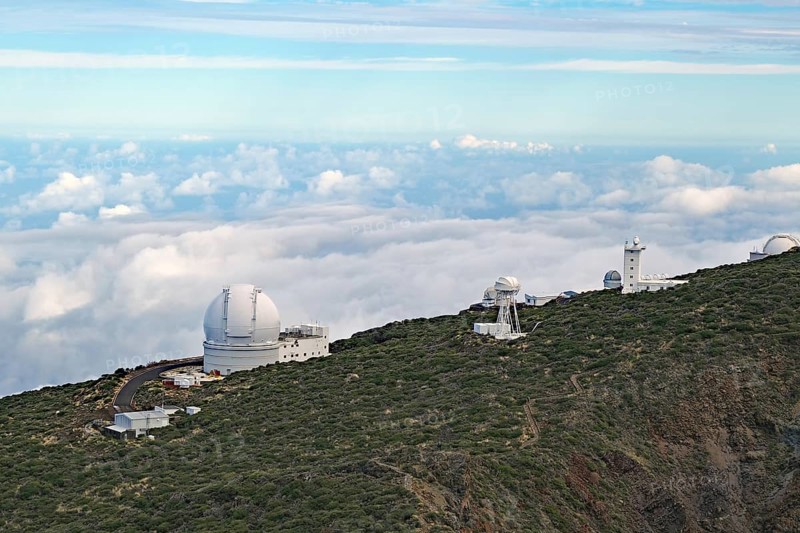 An observatory on a green hill with clouds and sky, trade winds, no light pollution, Observatory, Roques de los Muchachos, La Palma, Canary Islands, Spain, Europe