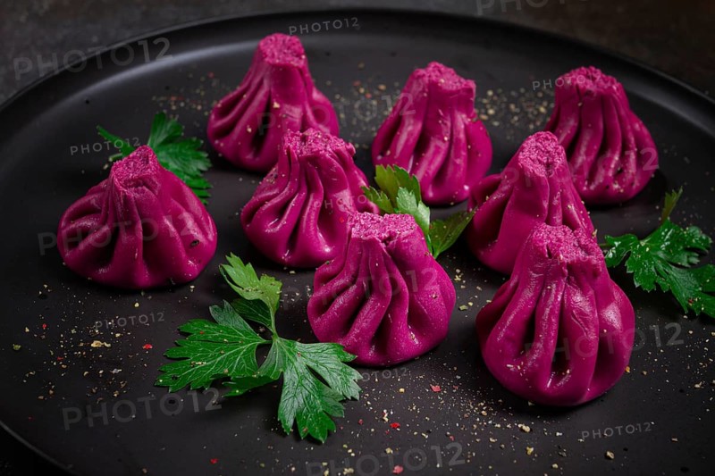 Beetroot khinkali, mini khinkali, purple, Georgian cuisine, no people