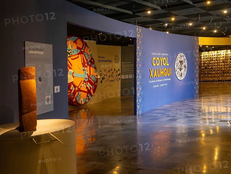 Sign for Coyolxauhqui exhibition 2023, archaeological site and museum of Templo Mayor, Mexico City, Mexico, Central America