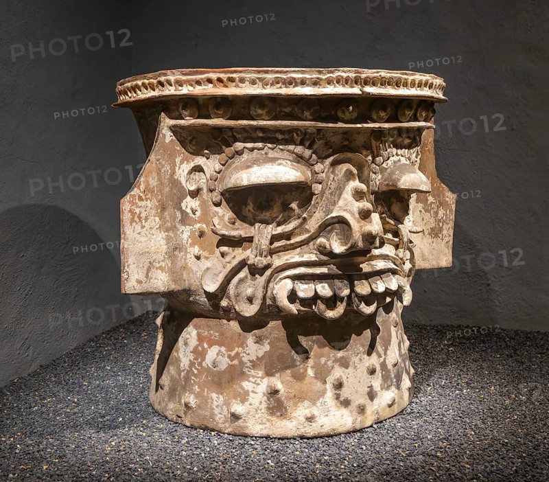 Ceramic brazier depicting face of Tlaloc, Aztec god of rain, archaeological site and museum of Templo Mayor, Mexico City, Mexico, Central America
