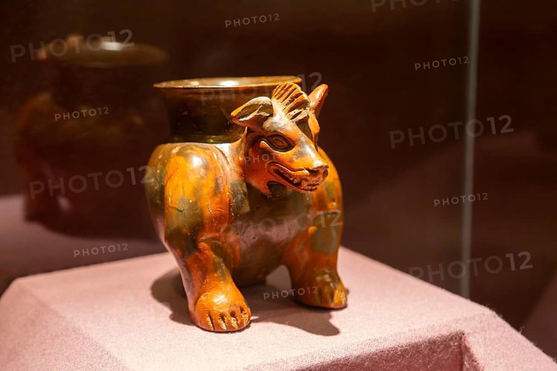 Plumbate style earthenware cremation urn in form of a dog, archaeological site and museum of Templo Mayor, Mexico City, Mexico, Central America