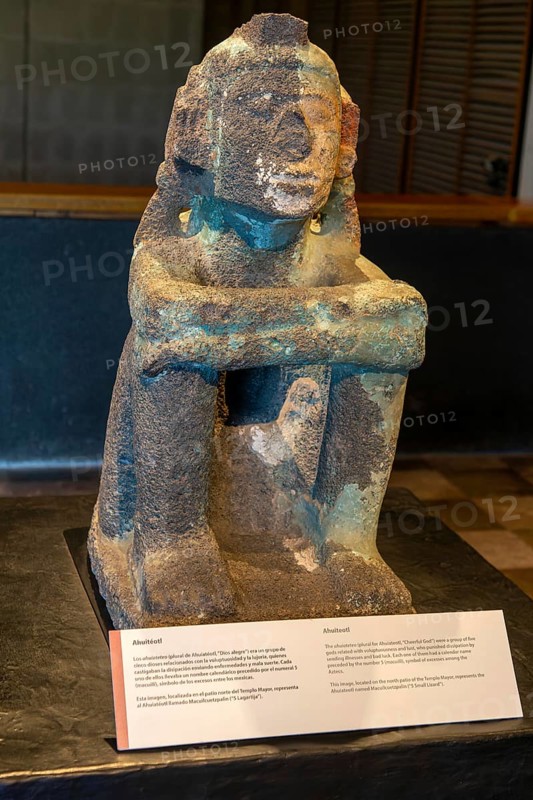 Stone sculpture of Ahuiteotl the cheerful god, archaeological site and museum of Templo Mayor, Mexico City, Mexico, Central America