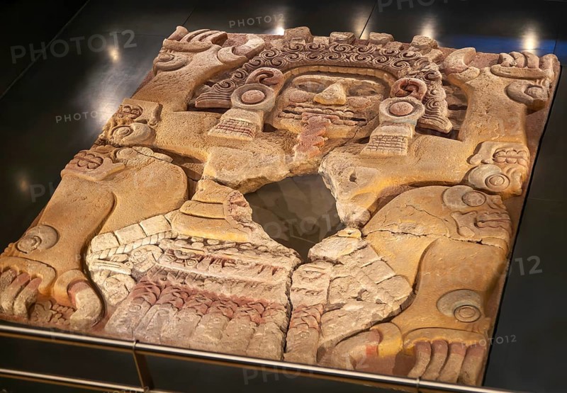 Monolith relief figure of Tlaltecuhtli, female Earth Lord goddess, museum of Templo Mayor, Mexico City, Mexico, Central America