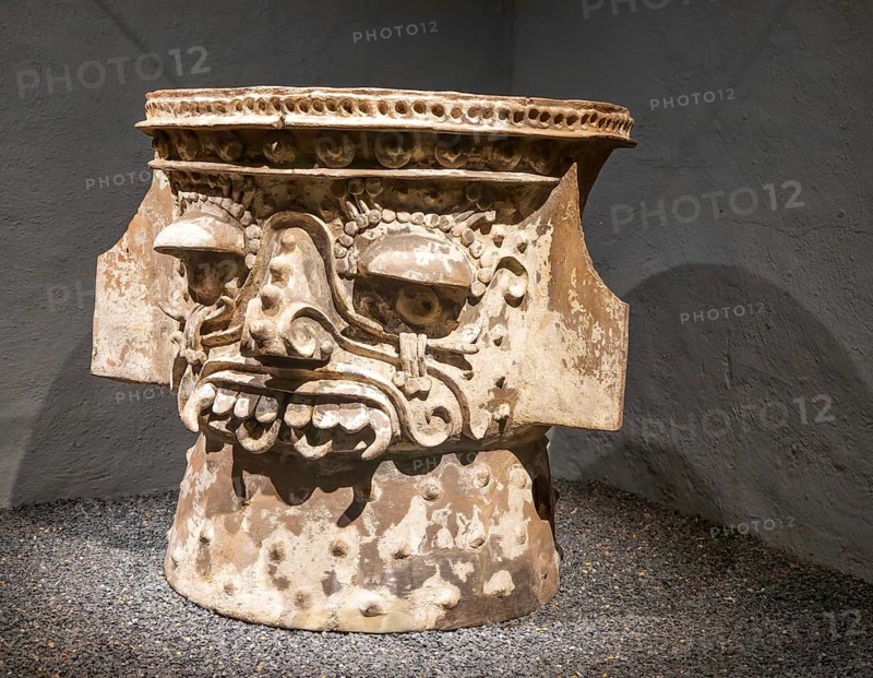 Ceramic brazier depicting face of Tlaloc, Aztec god of rain, archaeological site and museum of Templo Mayor, Mexico City, Mexico, Central America