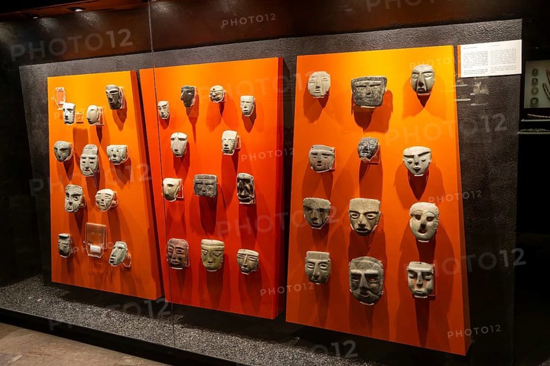 Display of masks, archaeological site and museum of Templo Mayor, Mexico City, Mexico, Central America