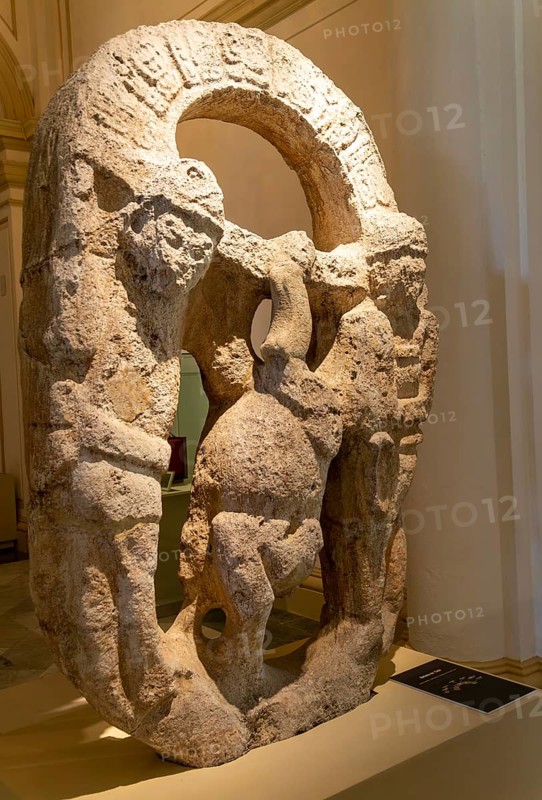 La Estela de Tabi stelae inside Palacio Canton palace anthropology museum, Merida, Yucatan State, Mexico, Central America