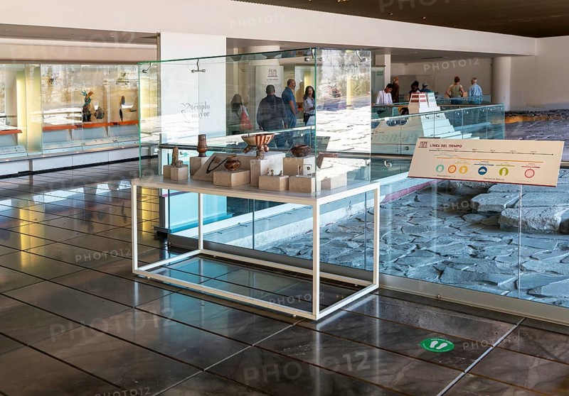 Inside display area at entrance, archaeological site and museum of Templo Mayor, Mexico City, Mexico, Central America