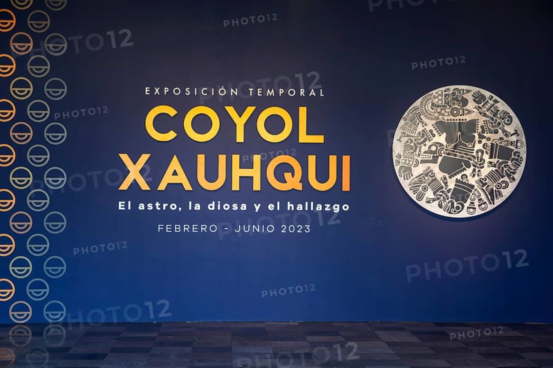 Sign for Coyolxauhqui exhibition 2023, archaeological site and museum of Templo Mayor, Mexico City, Mexico, Central America