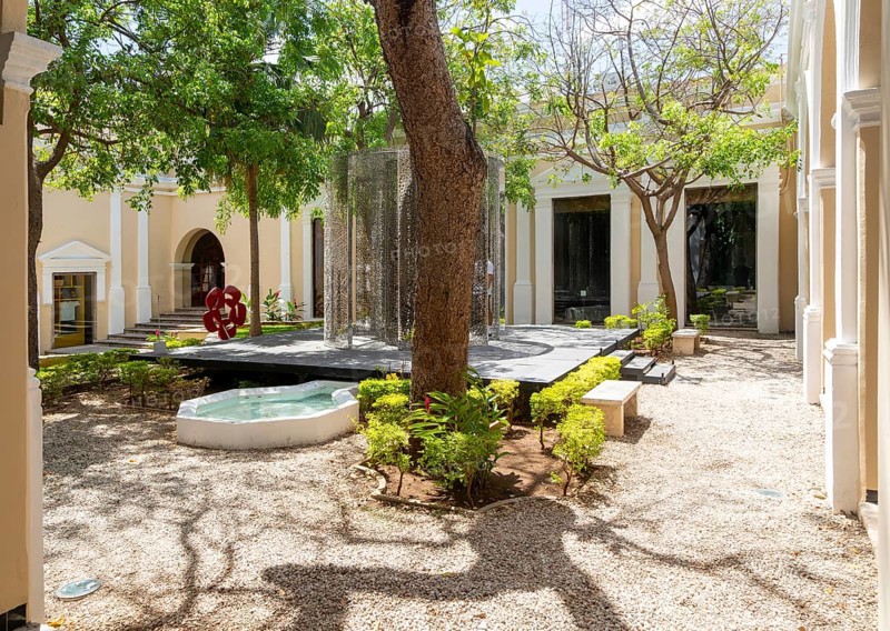 Art exhibition 'Atlas' by Jan Hendrix, artwork in central courtyard of palace of Casa de Montejo, Merida, Yucatan State, Mexico, Central America