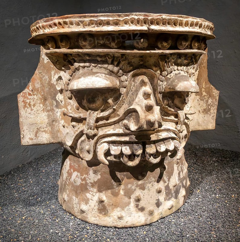 Ceramic brazier depicting face of Tlaloc, Aztec god of rain, archaeological site and museum of Templo Mayor, Mexico City, Mexico, Central America