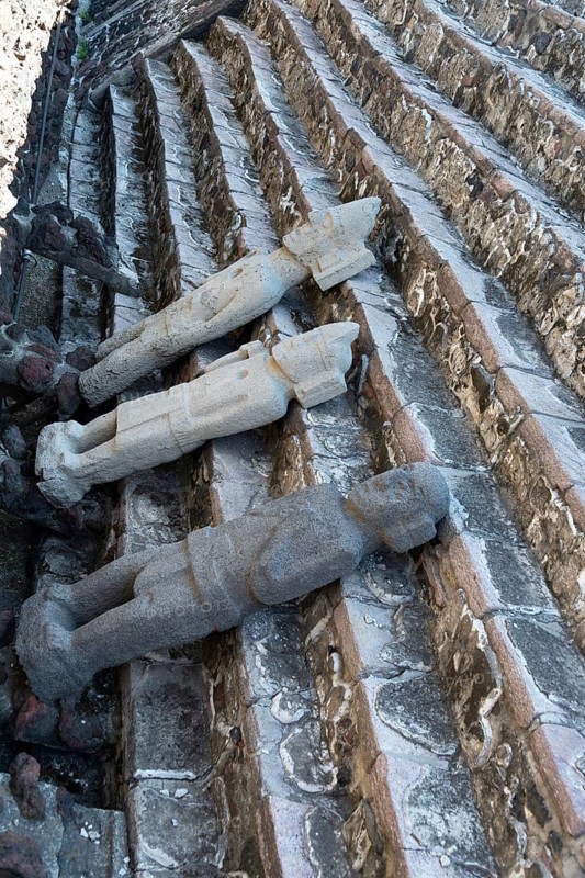 Stone Aztec statues on temple steps, archaeological site and museum of Templo Mayor, Mexico City, Mexico, Central America