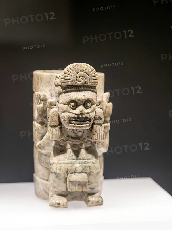 Mictlantecuhtli, god of the dead, green stone vase, archaeological site and museum of Templo Mayor, Mexico City, Mexico, Central America