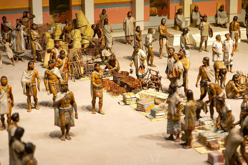 Figurines showing diorama of Aztec daily life people at Tlatelolco market, National Museum of Anthropology, Mexico City, Mexico, Central America