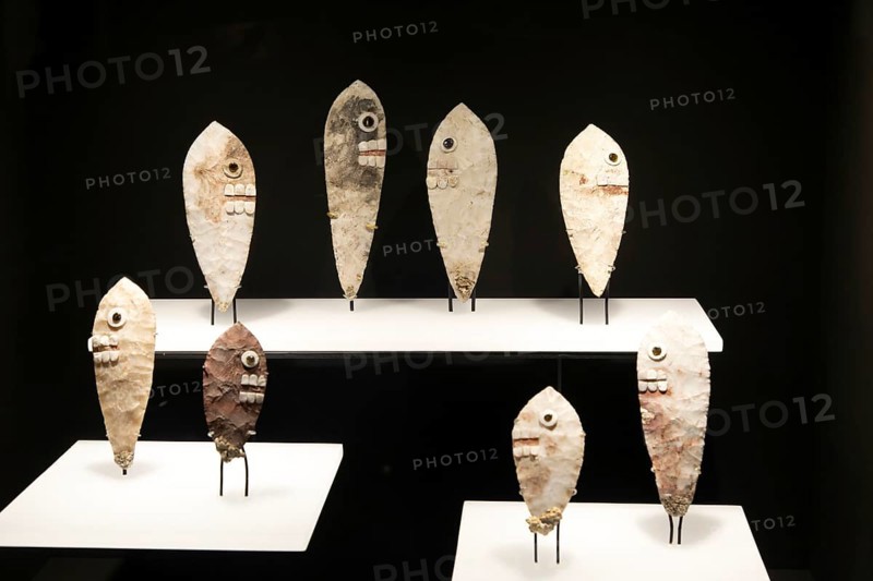 Flint and obsidian face knives with archaeological site and museum of Templo Mayor, Mexico City, Mexico, Central America