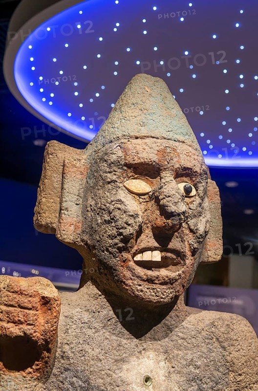 Stone carved face of Centzonhuitzuahuah, deity of pulque, archaeological site and museum of Templo Mayor, Mexico City, Mexico, Central America