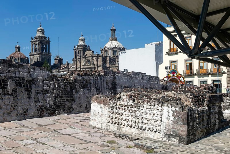 Wall of stone skulls called Tzompantli, archaeological site and museum of Templo Mayor, Mexico City, Mexico, Central America