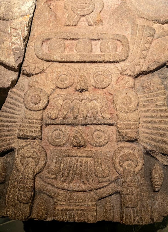Carved stone monument depicting Tlaloc and Tlaltecuhtli, gods of rain and Earth, archaeological site and museum of Templo Mayor, Mexico City, Mexico, Central America