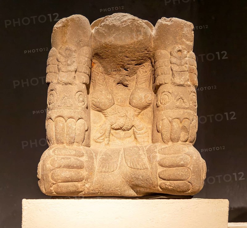 Carved stonework block depicting Mictlantecuhtli, Aztec god of the dead, archaeological site and museum of Templo Mayor, Mexico City, Mexico, Central America