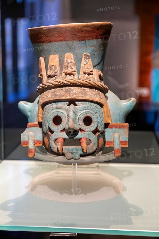 Ceramic pot depicting Tlaloc, Aztec God of rain, archaeological site and museum of Templo Mayor, Mexico City, Mexico, Central America