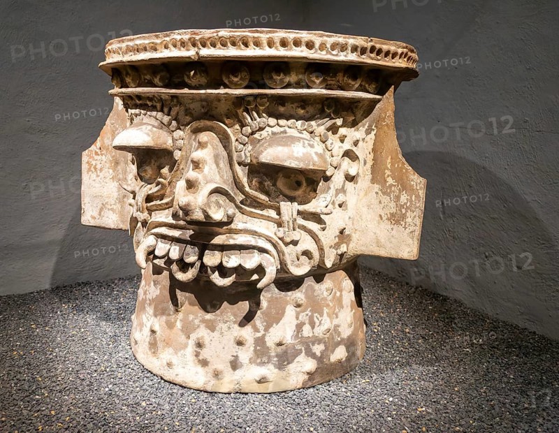 Ceramic brazier depicting face of Tlaloc, Aztec god of rain, archaeological site and museum of Templo Mayor, Mexico City, Mexico, Central America
