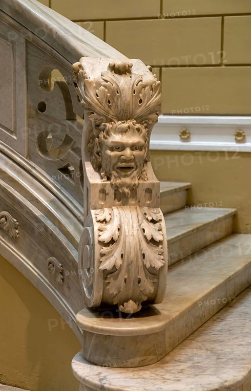 Detail of carved marble staircase, Palacio Canton palace anthropology museum, Merida, Yucatan State, Mexico, Central America