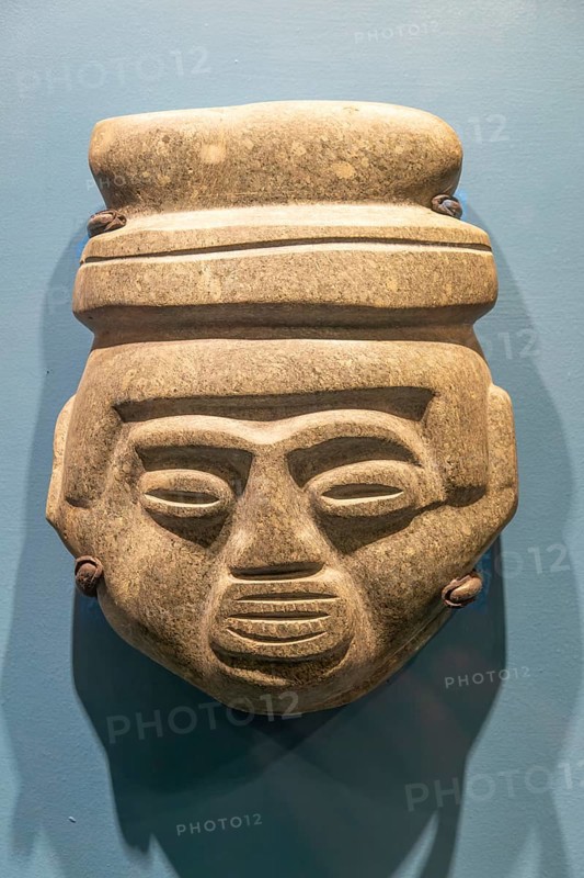 Carved stone Atzec face, archaeological site and museum of Templo Mayor, Mexico City, Mexico, Central America