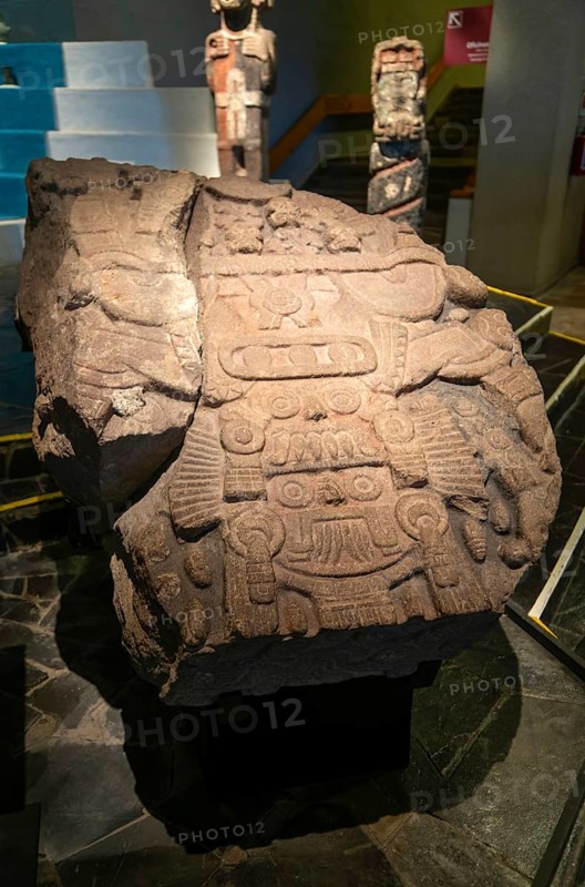 Carved stone monument depicting Tlaloc and Tlaltecuhtli, gods of rain and Earth, archaeological site and museum of Templo Mayor, Mexico City, Mexico, Central America