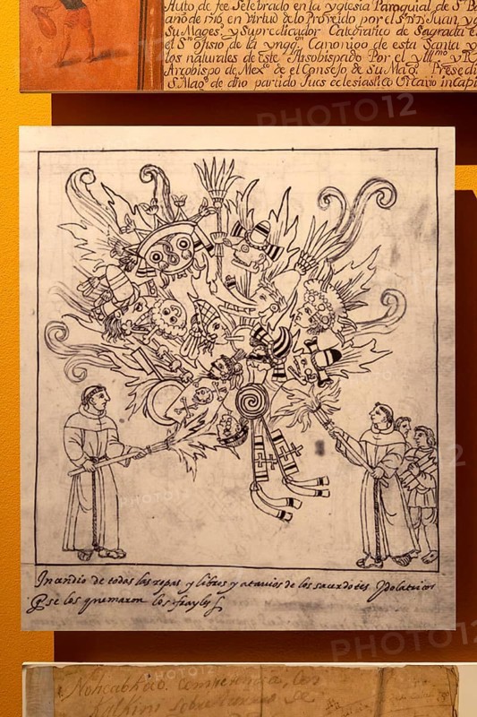 Spanish monks or priests burning Mayan artifacts and clothes, Merida museum, Mexico, Central America