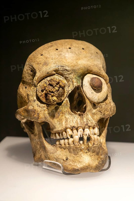 Human skull mask, archaeological site and museum of Templo Mayor, Mexico City, Mexico, Central America
