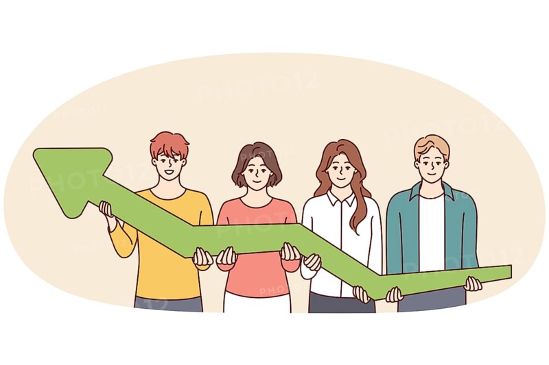 Team of men and women together hold green arrow pointing up, symbolizing development and success business. Concept of growth in financial performance due to teamwork of company employees