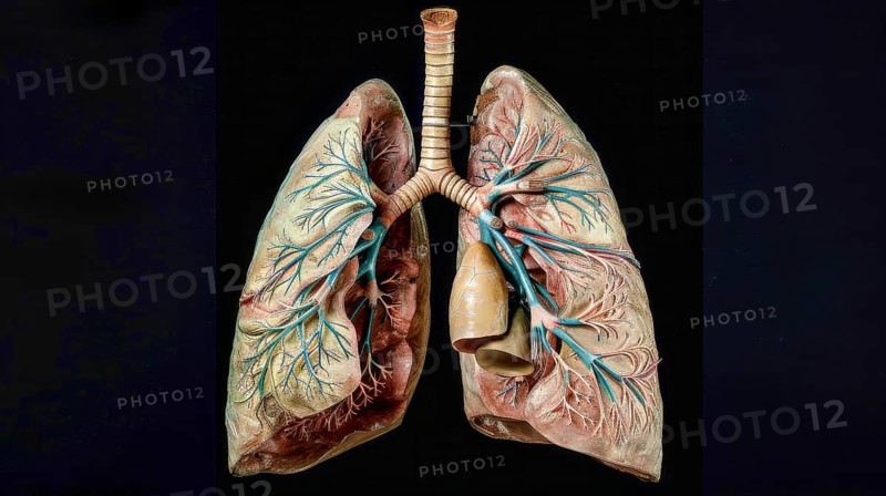 Realistic anatomical model of human lungs with visible veins and arteries on a dark background, AI generated