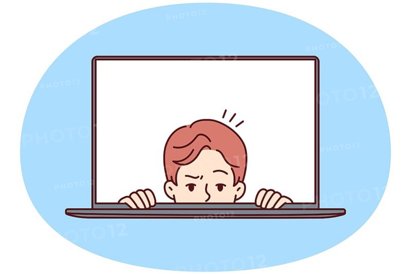Man with frightened face looks out of laptop screen for concept of non-professional work on Internet and IT technologies. Frightened guy in laptop display looks at you in disbelief