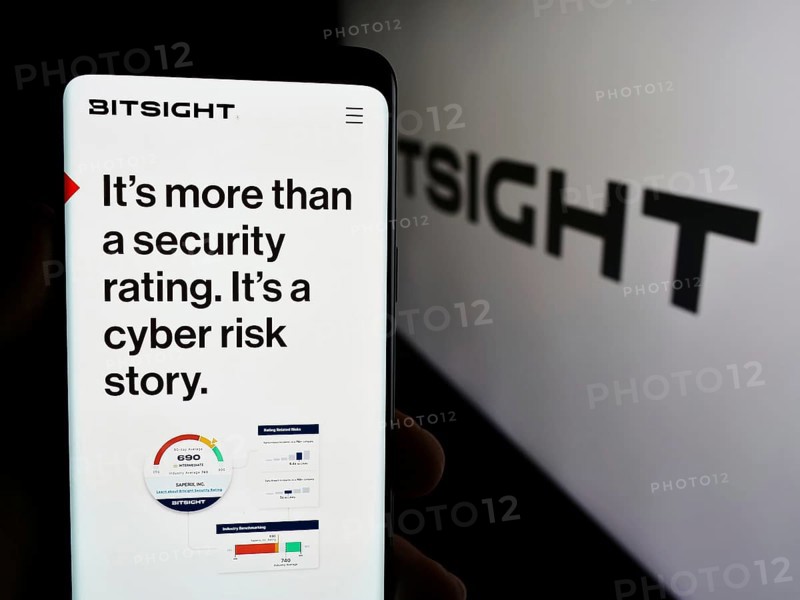 Stuttgart, Germany, 07-14-2024: Person holding mobile phone with web page of cybersecurity ratings company BitSight Technologies Inc. with logo. Focus on center of phone display, Europe