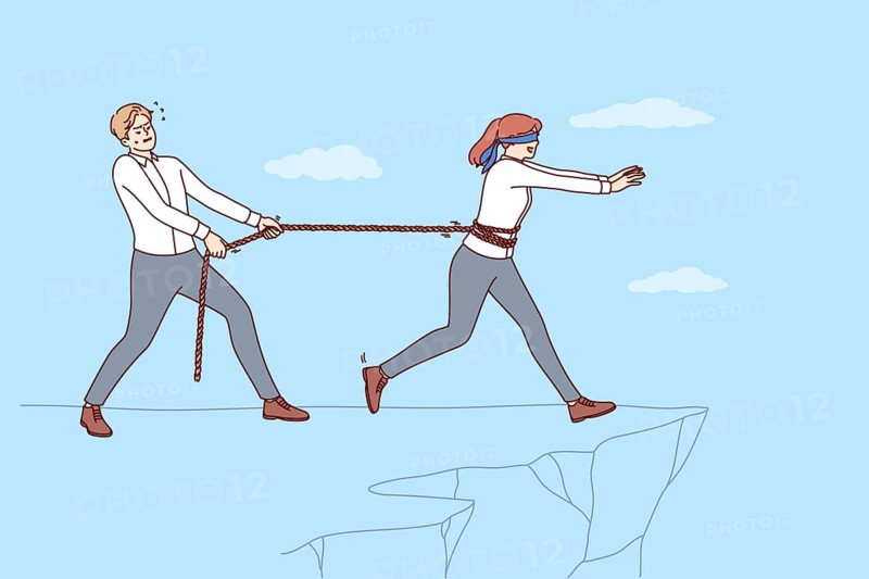 Man business mentor saves subordinate from failure by pulling rope tied to girl walking towards cliff. Mentor guy protects colleague from mistakes, trying to teach how to perform professional tasks