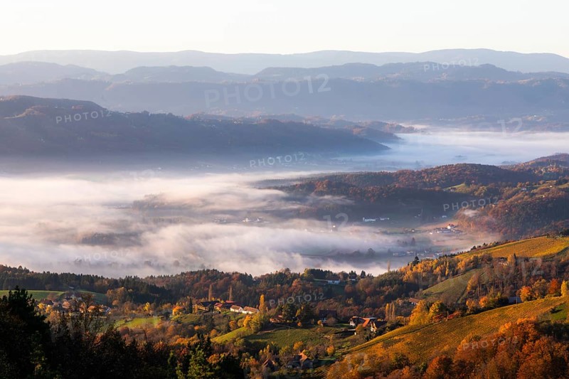 Autumn atmosphere in the morning light, fog drifts over forest with foliage colouring, vineyards and hilly landscape, view from the Demmerkogel lookout point, St. Andrä-Höch, Sausal wine country, Styria, Austria, Europe