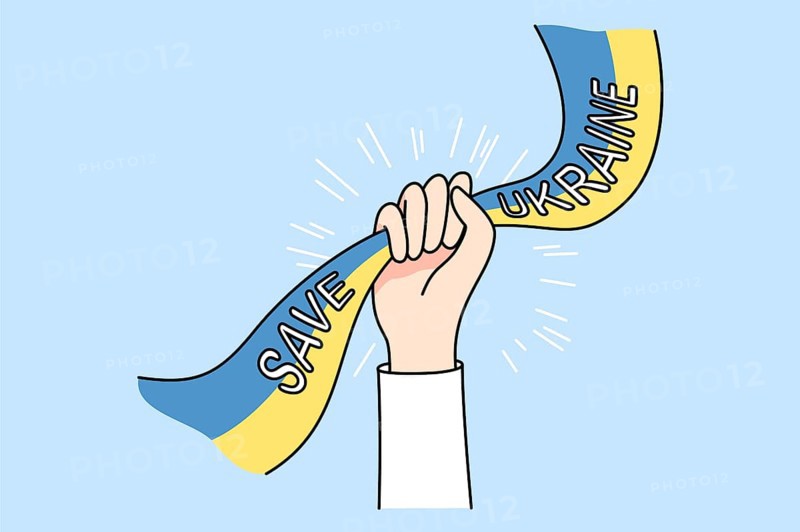Person hand holding Ukrainian flag saying Stop war protest against invasion. Activist support Ukraine stand against Russia invade European country ask peace. Flat illustration