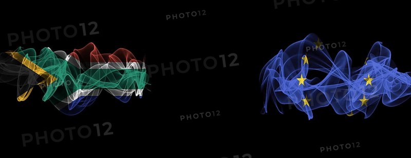 Flags of South Africa and EU on Black background, South Africa vs Europe Union Smoke Flags